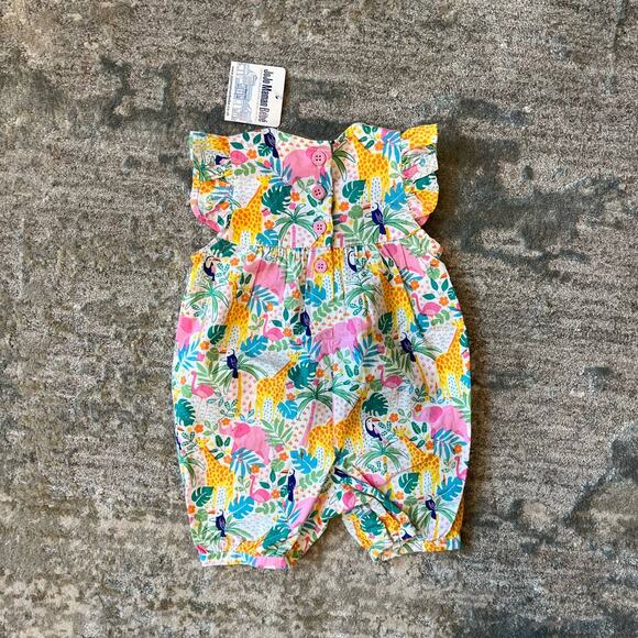 JoJo Maman Bebe Pretty Ruffle Shoulder Sunsuit Tropical Animals 0-3 Months NWT - Picture 7 of 9